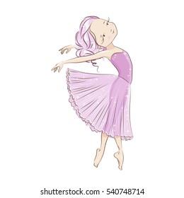 Beautiful ballerina in classical tutu on a white background. She is dancing bootlessly in light, beautiful pink dress. Graceful little White Swan. Hand drawn illustration. 