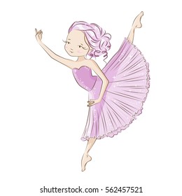 Beautiful ballerina in classical tutu on a white background. Graceful little White Swan. She is dancing in light, beautiful pink dress. Hand drawn illustration.