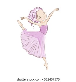 Beautiful ballerina in classical tutu on a white background. Graceful little White Swan. She is dancing in light, beautiful pink dress. Hand drawn illustration.