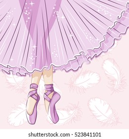 Beautiful ballerina in classical tutu. Slender legs in ballet slippers, pointe shoes. Hand drawn illustration.