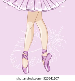 Beautiful ballerina in classical tutu. Slender legs in ballet slippers, pointe shoes. Hand drawn illustration.