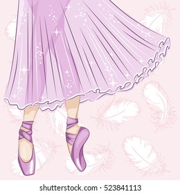 Beautiful ballerina in classical tutu. Slender legs in ballet slippers, pointe shoes. Hand drawn illustration.