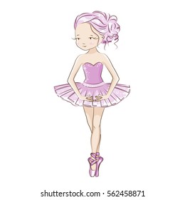 Beautiful ballerina in classical tutu. Slender legs in ballet slippers. Hand drawn illustration.