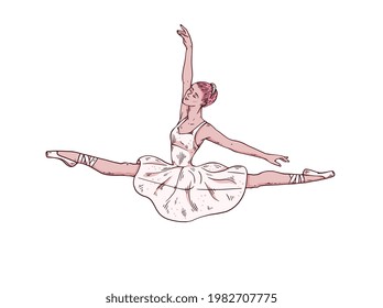Beautiful ballerina in dance motion. Female dancer of ballet dressed in pink skirt and pointe shoes dancing on performance in theatre. Vector sketch illustration isolated on white.