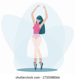 Beautiful ballerina dancing in a delicate dress and pointe shoes. Tender girl in pink in a beautiful dance pose. Flat vector illustration.
