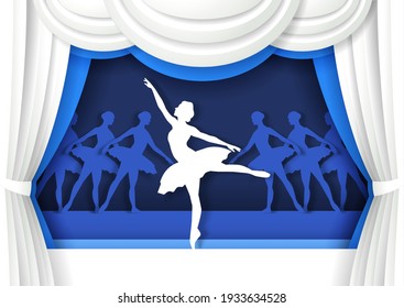 Bella bailarina bailando en el escenario. Ilustración vectorial en el estilo artesanal de arte de papel. Silhouettes clásicas de bailarina de ballet. Rendimiento de ballet.