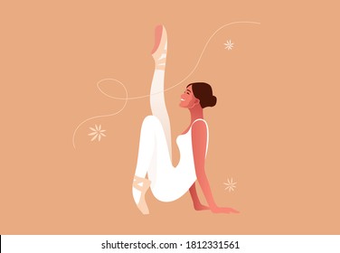 Beautiful ballerina flat vector illustration. Beauty of classic ballet. Young graceful woman ballet dancer Pointe shoes, pastel colors.