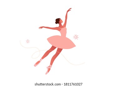 Beautiful ballerina flat vector set illustration. Beauty of classic ballet. Young graceful woman ballet dancer wearing tutu. Pointe shoes, pastel colors.