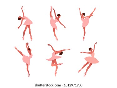 Beautiful ballerina flat vector set illustration. Beauty of classic ballet. Young graceful woman ballet dancer wearing tutu. Pointed shoes, pastel colors.