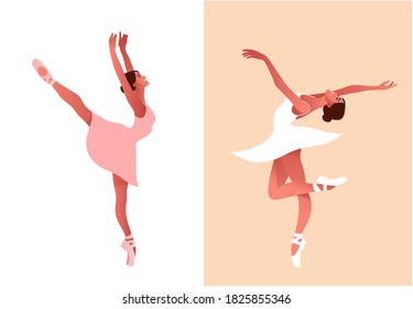 Hermosa bailarina en una ilustración de conjunto de vectores planos. Belleza del ballet clásico. Joven bailarina de ballet elegante usando tutu. Zapatos de punta, colores pastel.