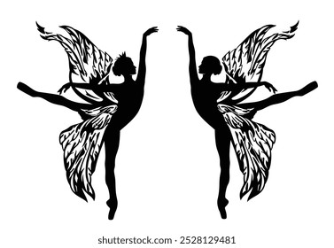 beautiful ballerina girl with bird wings costume - black and white vector silhouette of classical swan lake ballet performance