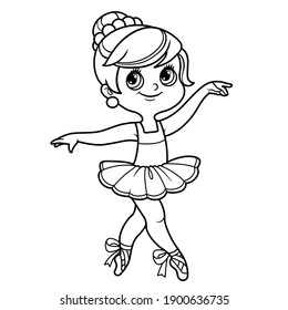 Beautiful ballerina girl in lush tutu and pointe shoes dancing outlined for coloring isolated on a white background