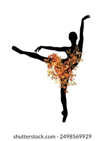 beautiful ballerina girl with tutu dress made of autumn season maple tree branches and foliage standing on pointe shoes - slim dancer figure vector silhouette