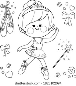 Beautiful ballerina girl. Vector black and white coloring page.