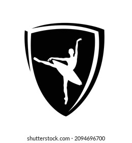 beautiful ballerina girl wearing tutu dress in simple heraldic shield  - black and white vector silhouette of classical ballet studio emblem