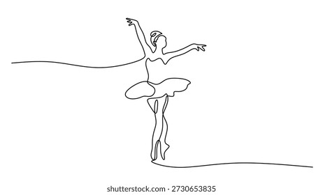 Beautiful ballerina in motion continuous line drawing. Elegance and performance art of ballet vector illustration hand drawn.