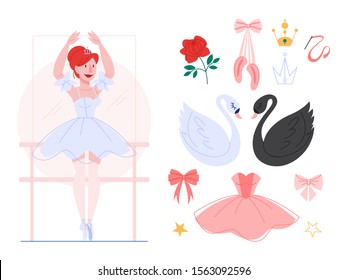 Beautiful ballerina performing dance, woman practicing in ballet dress and shoes. Ballet set, black and white swan, tiara. Vector illustration in flat style.