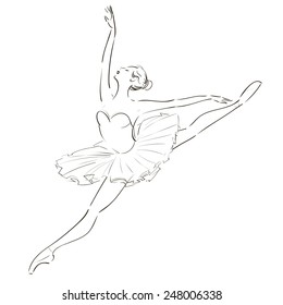 Beautiful ballerina in pointe shoes and tutu. Line dancer. Ballet banner. Vector Stock illustration isolated on white background. Realistic Black and white drawing ballerina.