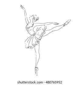 Beautiful ballerina in pointe shoes and tutu. Line dancer. Ballet banner. Stock illustration isolated on white background. Vector sketch.