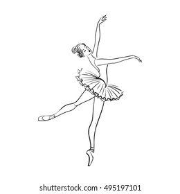 Beautiful ballerina in pointe shoes and tutu. Line dancer.  Vector Ballet banner. Stock illustration isolated on white background. 