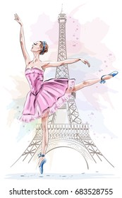 Beautiful ballerina posing and dancing on eiffel tower background. Hand drawn girl. Ballet dancer. Sketch. Vector illustration.