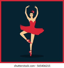 Beautiful ballerina in a red dress on a dark background. Vector Illustration of a Ballet dancer girl. Classical dance