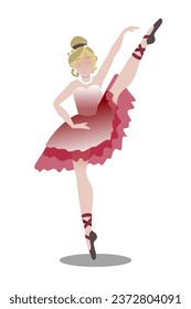 A beautiful ballerina in a red gradient tutu and pointe shoes dances on a white background.