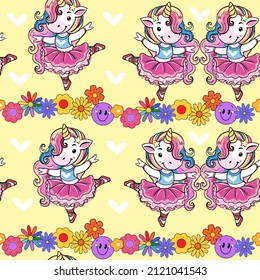 Beautiful ballerina unicorn seamless pattern on a yellow background isolated. Vector cartoon illustration for t-shirt print, birthday card