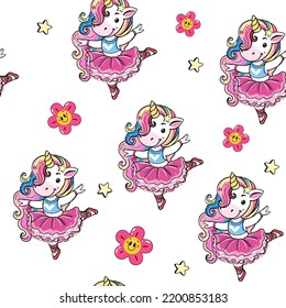 Beautiful ballerina unicorn seamless pattern on white background isolated. Vector cartoon illustration for t-shirt print, birthday card