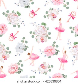 Beautiful ballerinas dance, keys with bows and fresh spring flower bouquets seamless vector pattern. Ballet design print.  
