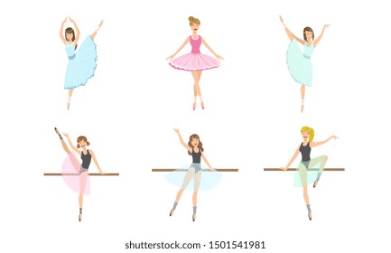 Beautiful Ballerinas Posing and Dancing Set. Classical Ballet Art Female Dancer Characters. Vector Illustration.