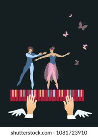 Beautiful ballet dancers and butterflies over multi-colored piano keys isolated on a black background. Conceptual musicl poster. Space for text. Vector illustration.