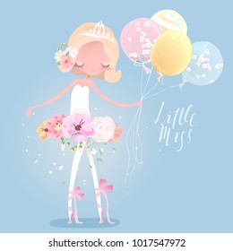 Beautiful ballet girl, ballerina in crown with flower dress, floral wreath, bouquet, tied bows and balloons. Little Miss lettering