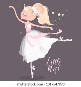 Beautiful ballet girl, ballerina in crown with flowers, floral wreath, bouquet and tied bows. Little Miss lettering