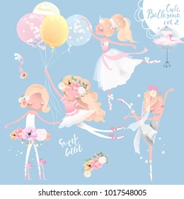 Beautiful ballet girl, ballerina in crown with flowers dress, floral wreath, bouquet, tied bows, romantic basket and balloons set, collection