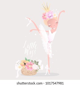 Beautiful ballet girl, ballerina with flowers, floral wreath, crown, bouquet, tied bows and romantic basket with flowers Little Miss lettering