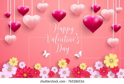 beautiful balloon with symbol of love. there are flowers that bloom. happy valentine day with pink background