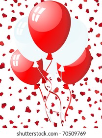 Beautiful balloons in the air on seamless hearts backgrond. Vector illustration.