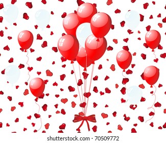 Beautiful balloons in the air on seamless hearts backgrond. Vector illustration.