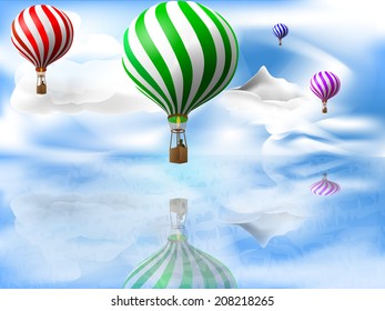 Beautiful balloons in the blue sky with clouds reflected in the sea