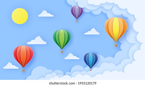 Beautiful balloons flying over fluffy clouds in blue sky to the sun. Greeting card, background, banner, tourism concept, poster. Vector illustration in paper cut out art style.