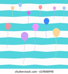 Beautiful balloons seamless pattern on a blue striped background. Vector illustration