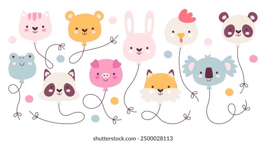 Beautiful balloons in shape of cute happy smiling animal faces set isolated on white background. Cartoon flying bubble surprise party decoration for children event celebration vector illustration