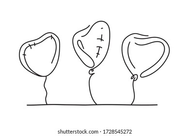 Beautiful Balloons in the shape of heart. Minimal design of romantic love symbol. Continuous line single hand drawn. Valentine's day. Template for love cards and invitations. Logo. children holidays