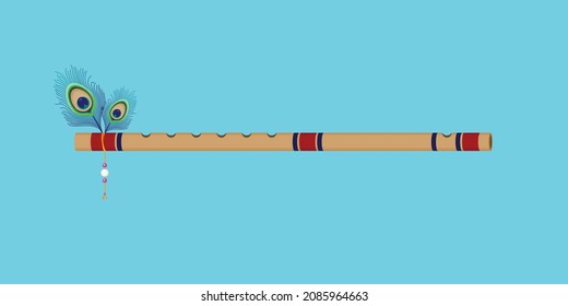 Beautiful Bamboo Flute with Peacock Feathers. Decorative Indian Flute Illustration.