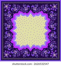 Beautiful bandana print with fairy birds, paisley, ornamental print and small flowers. Silk neckerchief or scarf with square pattern in boho style.