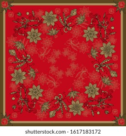 Beautiful bandana print with floral ornament in red and golden colors. Print for square scarf with russian motifs.