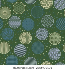 Beautiful bandana print geometric endless ornament. Circle shapes with oriental patterns inside. Arabic geometry in bubbles. Mottled texture background. Toy wrapper design.