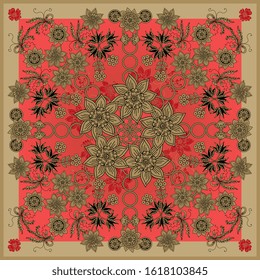 Beautiful bandana print with golden flowers on red background. Square scarf design. Shawl with russian motifs. Vector floral ornament. 