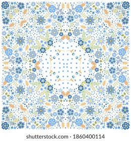 Beautiful bandana print with ornament from blue flowers on white background. Elegant kerchief, square silk neck scarf